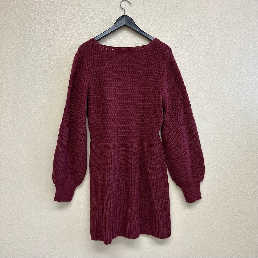 Cupshe V Neck Honeycomb Long Sleeve Sweater Dress Burgundy - Picture 5 of 5